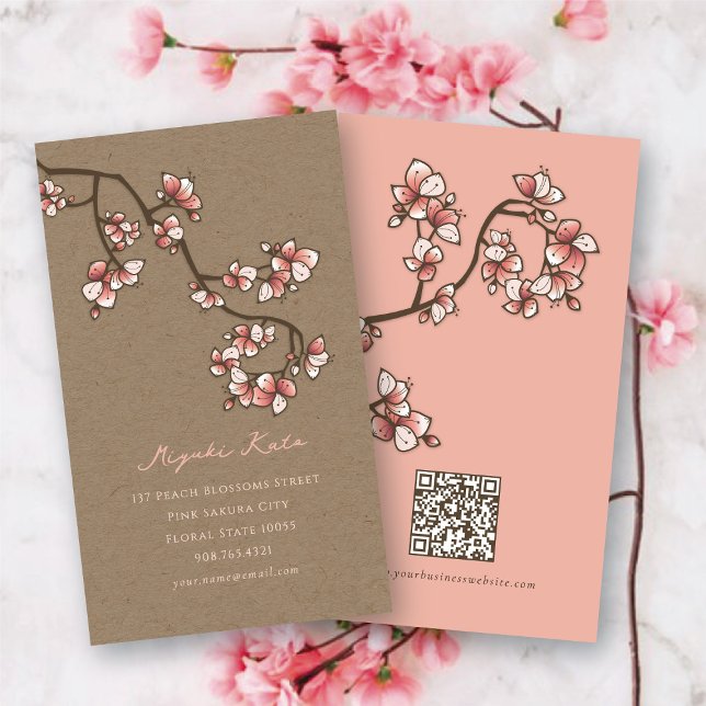 Orientalisches Rosa Pfirsichblüten Elegantes Sakur Visitenkarte (Oriental Pink Peach Blossoms Elegant Sakura Spring Flowers Kraft Business/Profile Card @ fat_fa_tin)