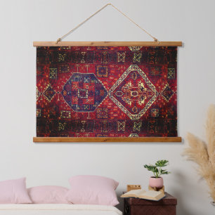 Orientalisches Teppichdesign in dunkelroten Wandte Wandteppich Mit Holzrahmen