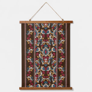 Orientalisches Vintage-Arabesken-Ikat-Blumenmuster Wandteppich Mit Holzrahmen