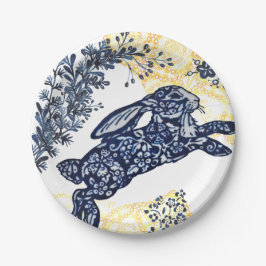Orierntal Blue White Yellow Rabbit Chinoiserie Pappteller