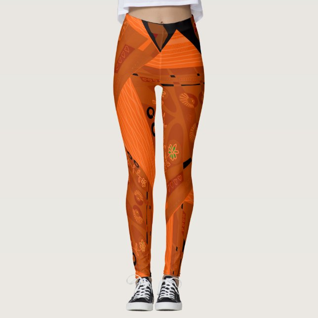Origami Chintz (L) Brown Orange Black Leggings (Vorderseite)