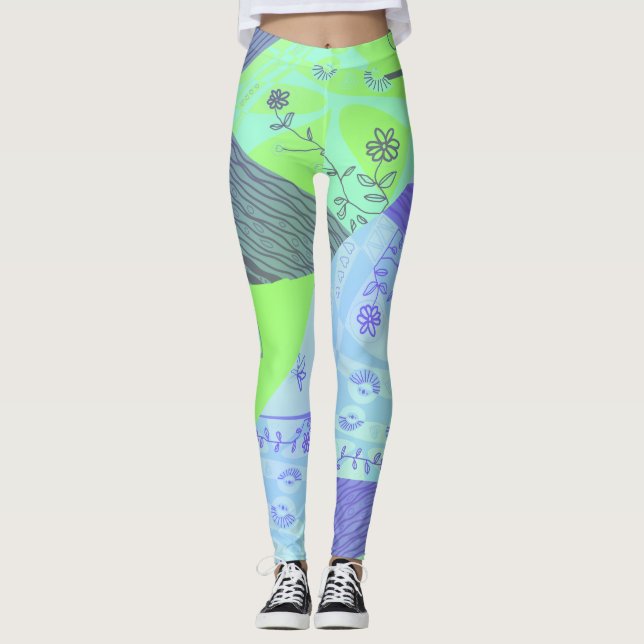 Origami Chintz (L) Green Blue Grad Leggings (Vorderseite)