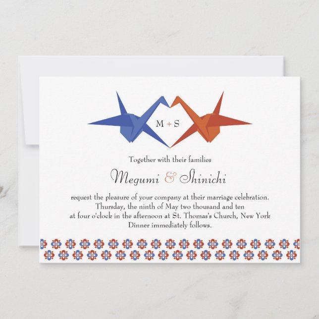 Origami Cranes Wedding (Blau - Burnt Orange) Einladung (Vorderseite)