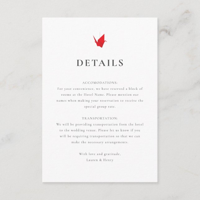 Origami Cranes Wedding Insert (Vorderseite)