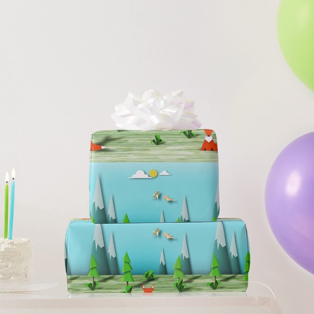 Origami Forest Szene mit Fox Mountains und Vögeln Geschenkpapier (Von Creator hochgeladen)