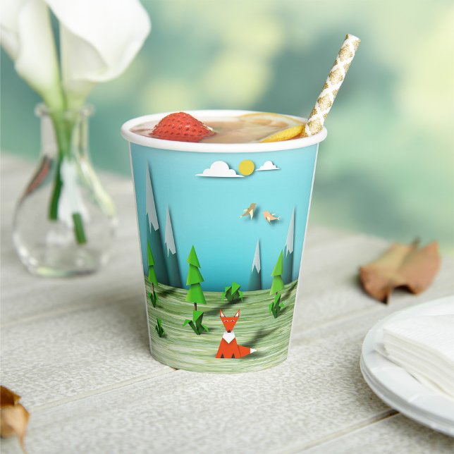 Origami Forest Szene mit Fox Mountains und Vögeln Pappbecher (Von Creator hochgeladen)