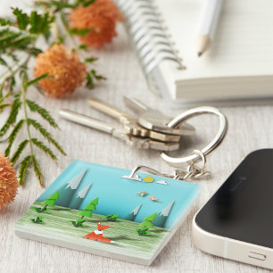 Origami Forest Szene mit Fox Mountains und Vögeln Schlüsselanhänger