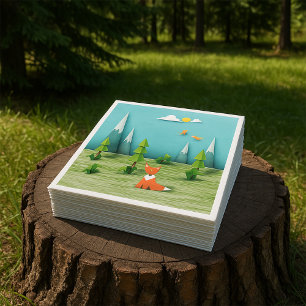 Origami Forest Szene mit Fox Mountains und Vögeln Serviette
