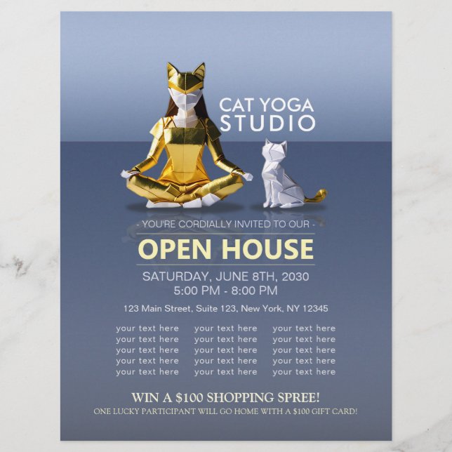 Origami Gold Foil Yoga Meditating Catwoman und Cat Flyer (Vorne)