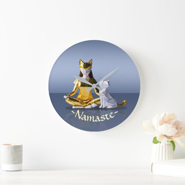 Origami Gold Foil Yoga Meditating Catwoman und Cat Große Wanduhr (Zuhause)