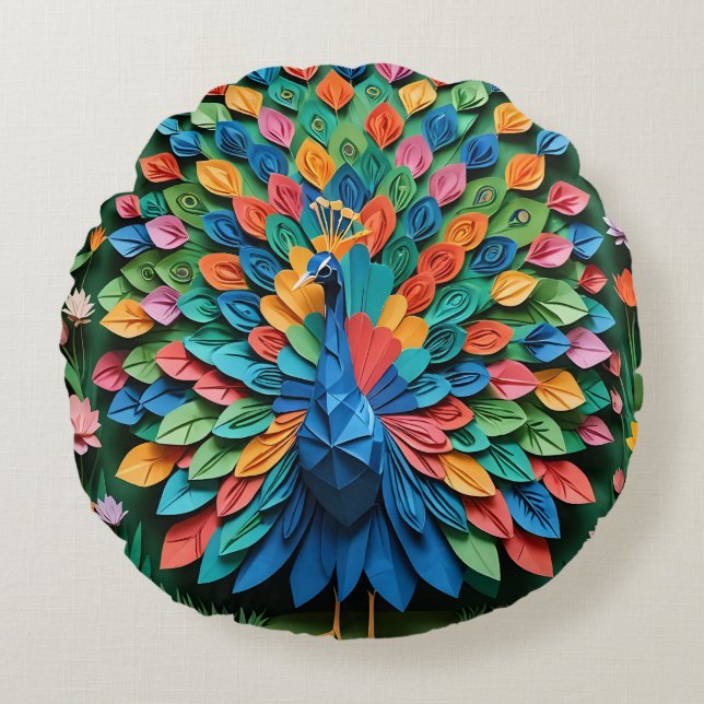 Origami Peacock  Rundes Kissen (Vorderseite)