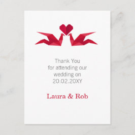 Origami rote Krane Hochzeit Danke Postkarte