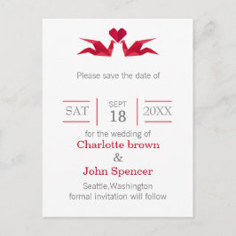 Origami rote Krane Hochzeit speichern Sie die Date Ankündigungspostkarte