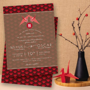 Origami rote Papierkrane Scallop 囍 Asiatische Hoch Einladung