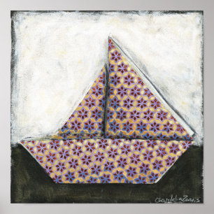Origami Sailboat auf dem Star Design Paper Poster