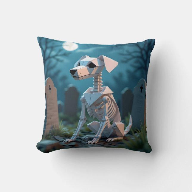 Origami Spooky Skeleton Dog Halloween Throw Pillow Kissen (Vorderseite)
