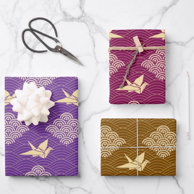 Origami und Seigaiha Pattern Geschenkpapier Set (Vorderseite)