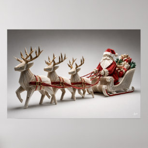 Origami-Weihnachtsschlitten mit Rentieren Poster