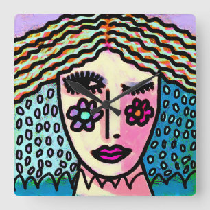 Original Abstrakte Malerei einer Frau Quadratische Wanduhr