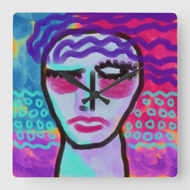 Original Abstraktes Portrait einer Frau Quadratische Wanduhr (Vorderseite)