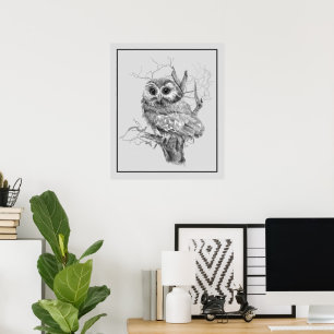 Original Aquarell Baby-Kauz Vogel Kunst Poster