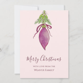 Original Aquarell Rosa Schleife Weihnachtsbaumkuge Feiertagskarte