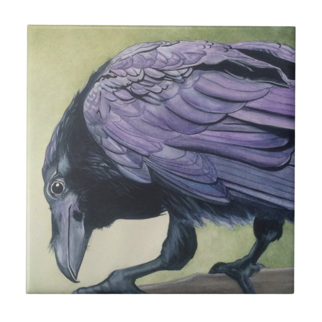 Original Aquarellmalerei Crow Raven Fliese (Vorderseite)