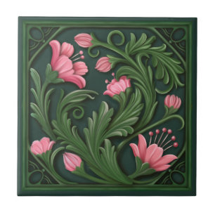 Original Artwork Grün und Rosa Blume Fliese
