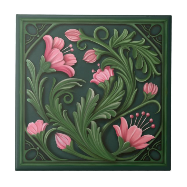 Original Artwork Grün und Rosa Blume Fliese (Vorderseite)
