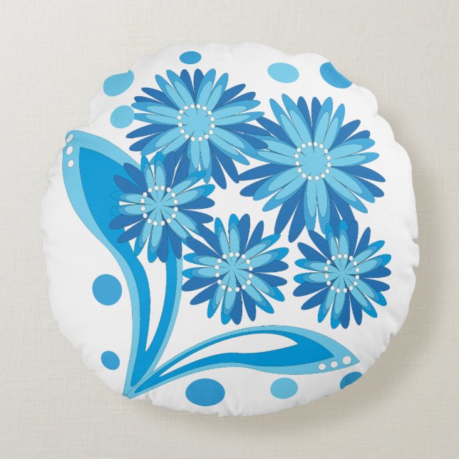 Original blaue Blumen Rundes Kissen (Vorderseite)