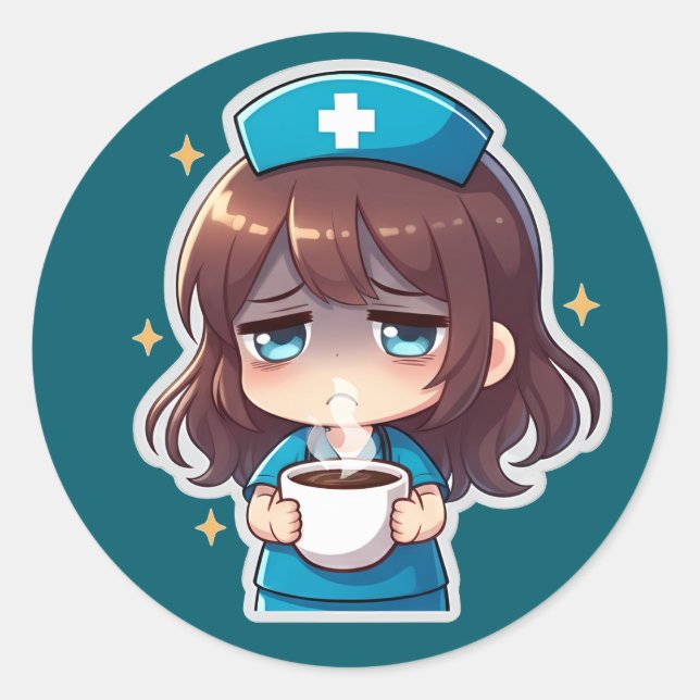Original Chibi Nurse - Coffee with Tired Runder Aufkleber (Vorderseite)