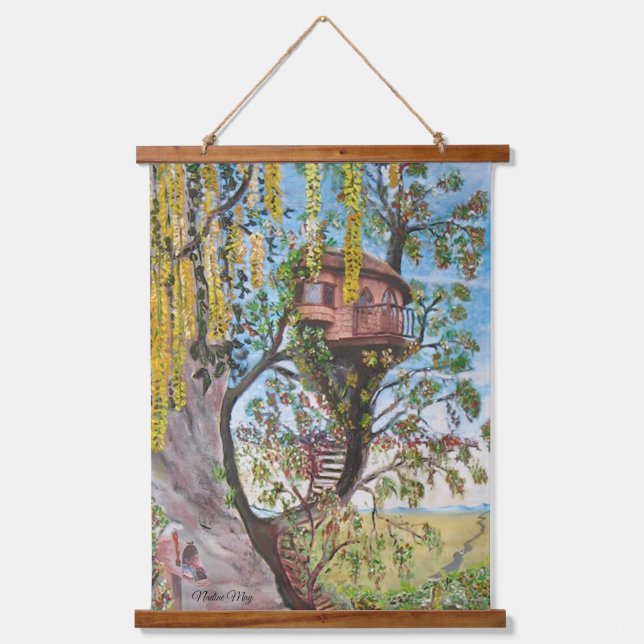 Original Fantasy Tree House Wohnung in Oil Hangin Wandteppich Mit Holzrahmen (Vorderseite)