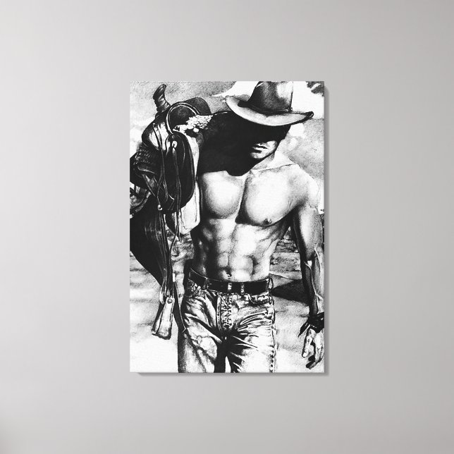 Original Hand gezeichnet sexy Cowboy Mann Leinwanddruck (Vorderseite)
