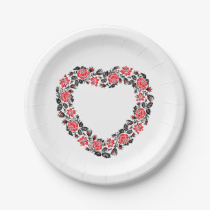 Original Heart of cross-stitch red rose flowers Pappteller
