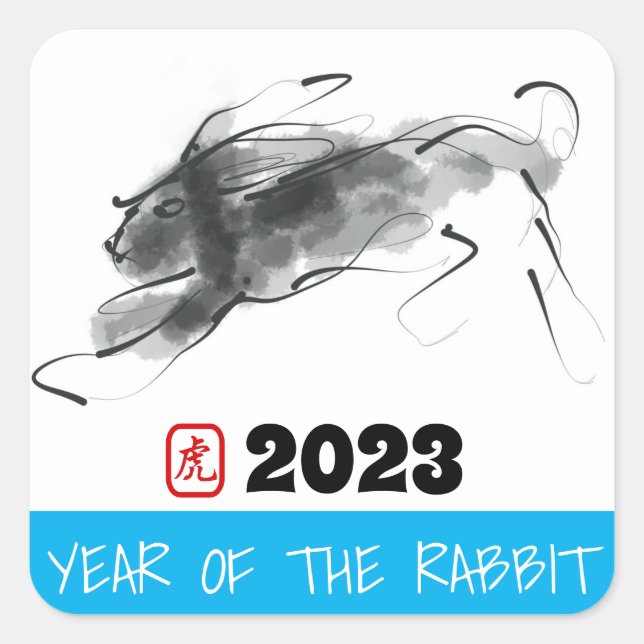 Original Malerei Chinesisches Kaninchen Jahr Gebur Quadratischer Aufkleber (Vorderseite)