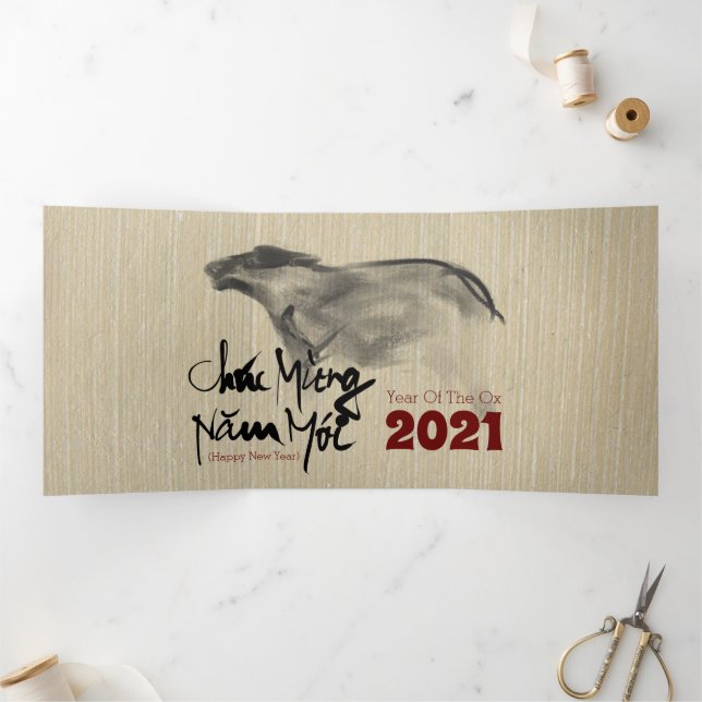 Original Malerei OX Vietnamese Neujahr 2021 3FC Dreifach Gefaltete Urlaubskarte (Innenseite)