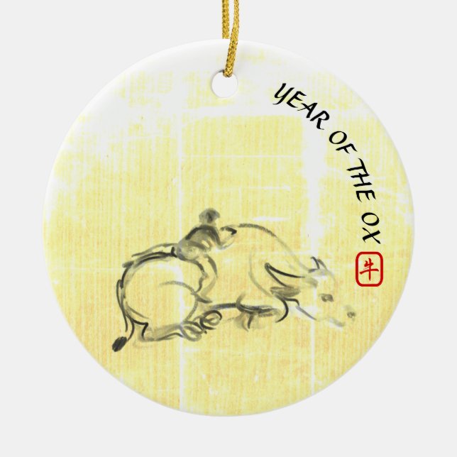 Original Malerei Wasser Buffalo Kind Ox Jahr CRO Keramik Ornament (Vorne)