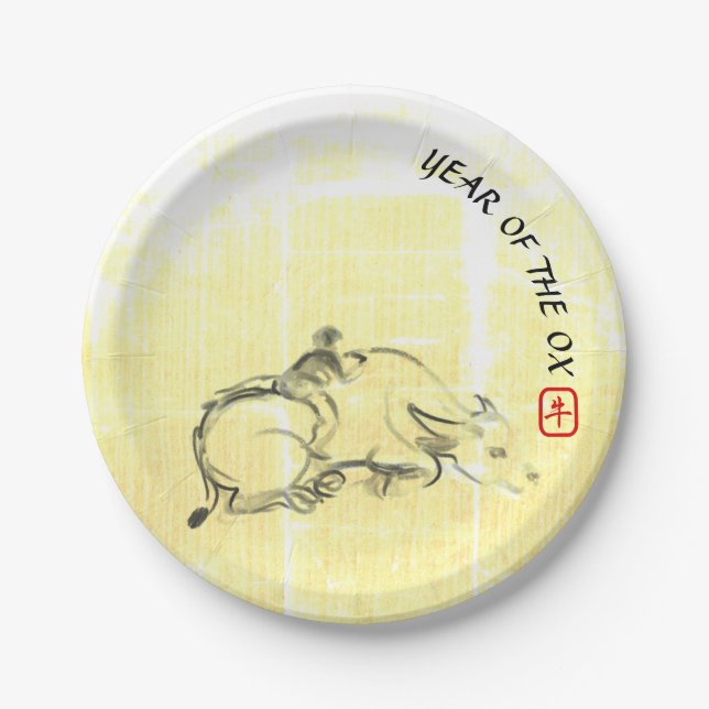 Original Malerei Wasser Buffalo Kind Ox Jahr PP Pappteller (Vorderseite)