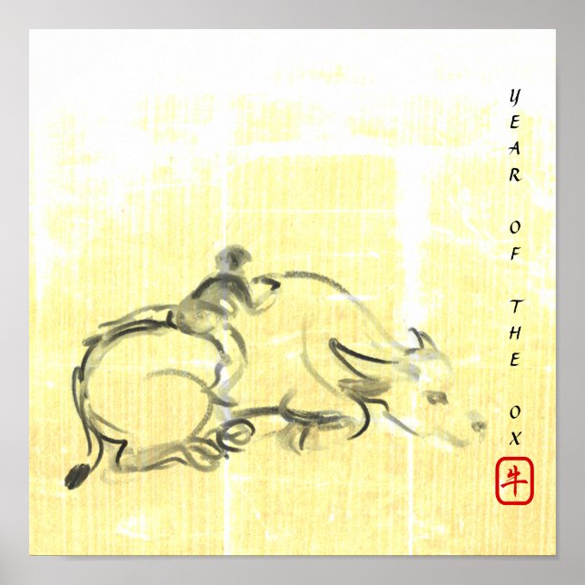 Original Malerei Wasser Buffalo Kind Ox Jahr SqP Poster (Vorne)