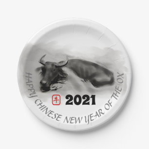Original Malerei Wasser Buffalo Ox Neujahr PP Pappteller