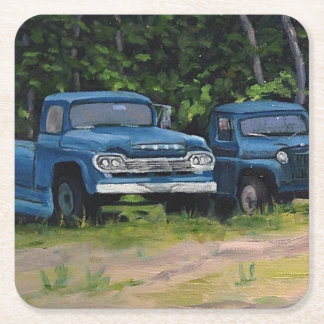 Original Ölgemälde von zwei Vintagen LKWs in Blau Rechteckiger Pappuntersetzer