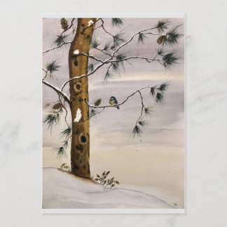 Original Pine and Bird in Snow Art on Blank Card Einladung