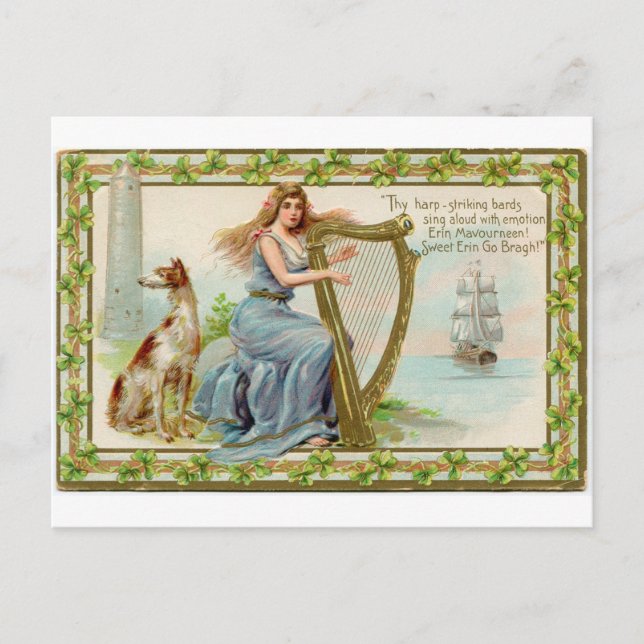 Original Saint Patrick's Day Harfe & Lady Postkarte (Vorderseite)