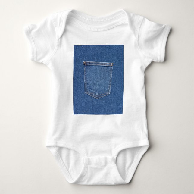 Original Textil Stoff Blue Mode Jeans Tasche Baby Strampler (Vorderseite)
