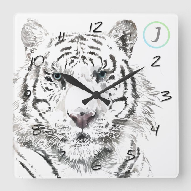 Original Tiger Watercolor Chinesisch Zodiac Geburt Quadratische Wanduhr (Vorderseite)