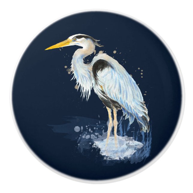 Original Wasserfarbe Großer Blaue Herde Bird Keramikknauf (Vorderseite)