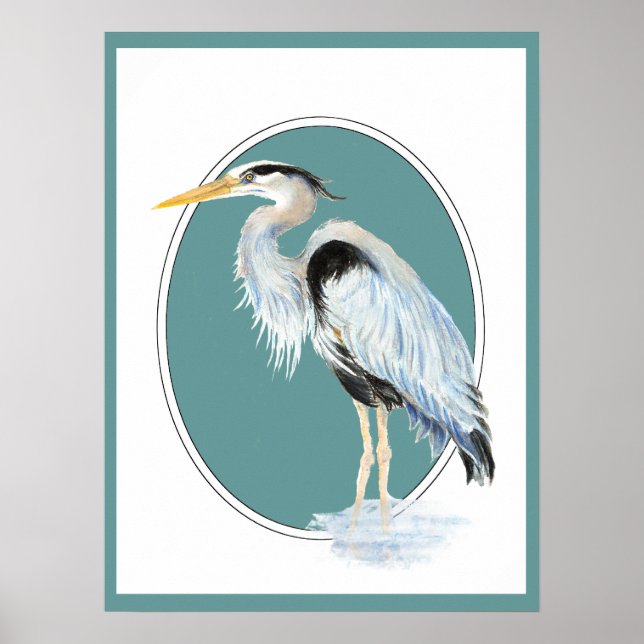Original Wasserfarbe Großer Blaue Herde Bird Poster (Vorne)