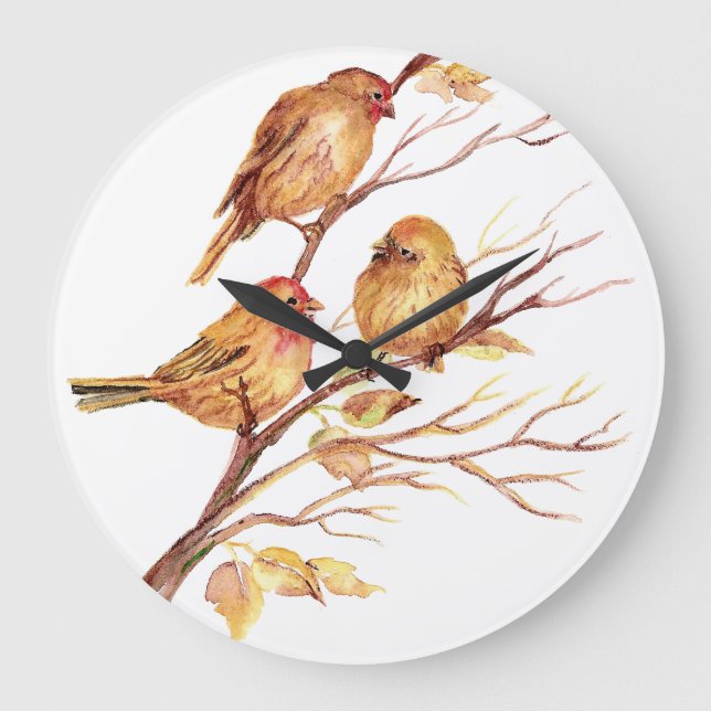 Original Watercolor Birds Große Wanduhr (Vorderseite)
