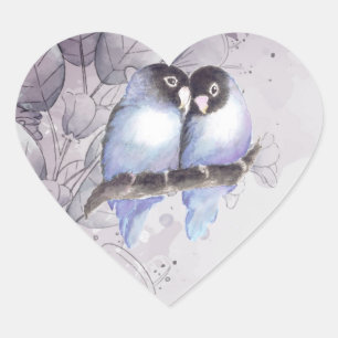 Original Watercolor Blue Lovebirds, Bird Heart Sto Herz-Aufkleber