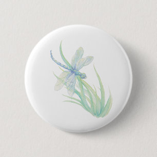 Original Watercolor Dragonfly in Blau und Grün Button
